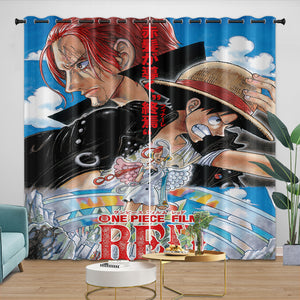 One Piece Film Red Curtains Pattern Blackout Window Drapes Room Decoration