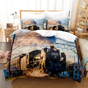 Steam Engine Train Vintage Locomotive Bedding Set Duvet Cover Sheets - EBuycos