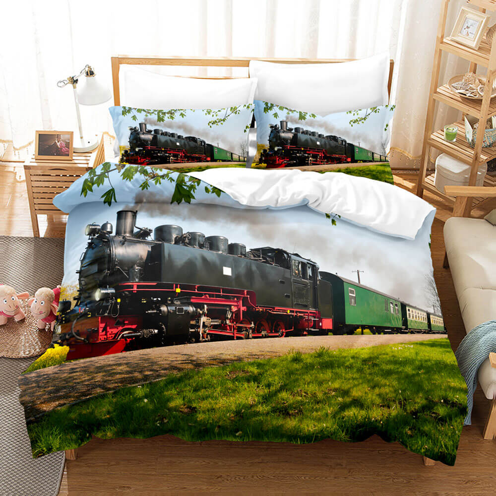 Steam Engine Train Vintage Locomotive Bedding Set Duvet Cover Sheets - EBuycos