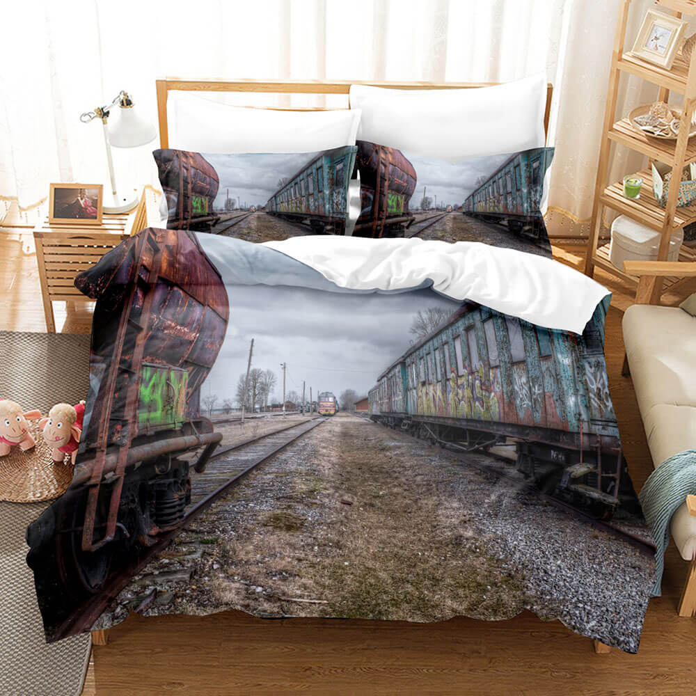 Steam Engine Train Vintage Locomotive Bedding Set Duvet Covers Pillowcases - EBuycos