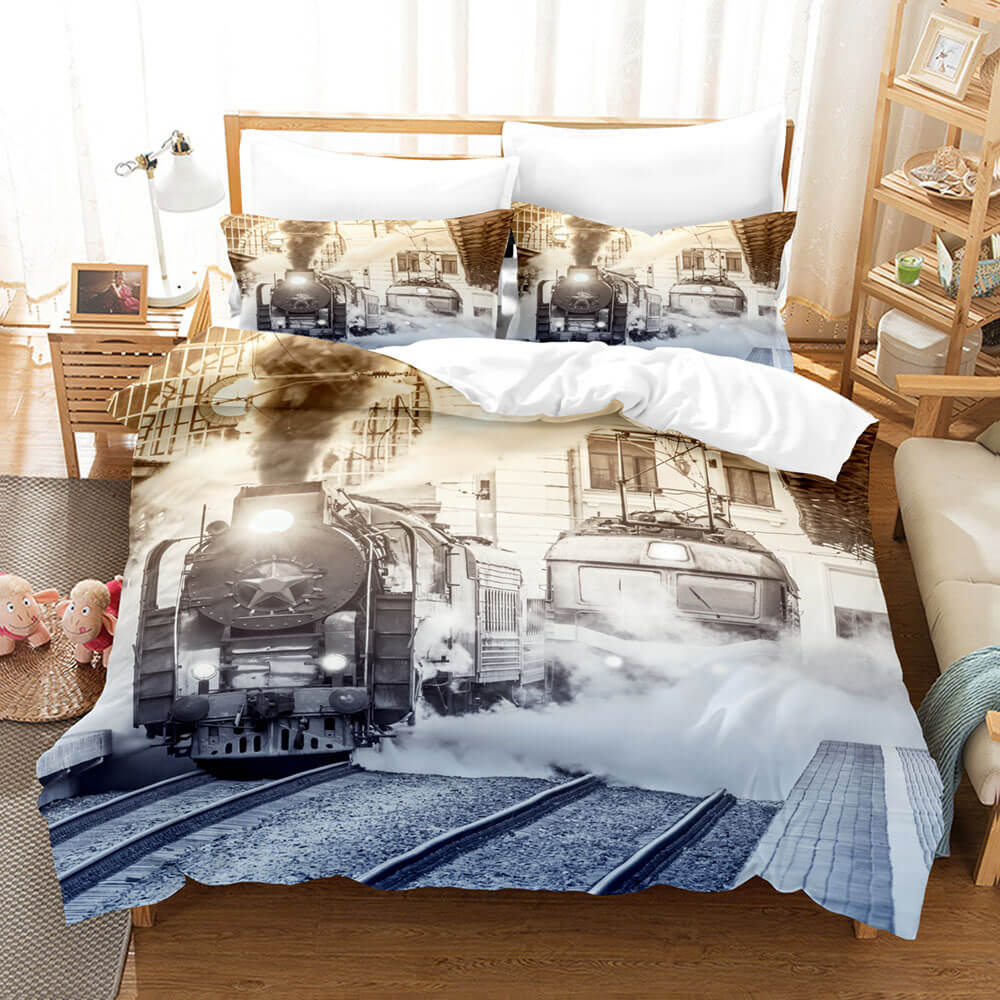 Steam Engine Train Vintage Locomotive Bedding Set Duvet Covers Pillowcases - EBuycos