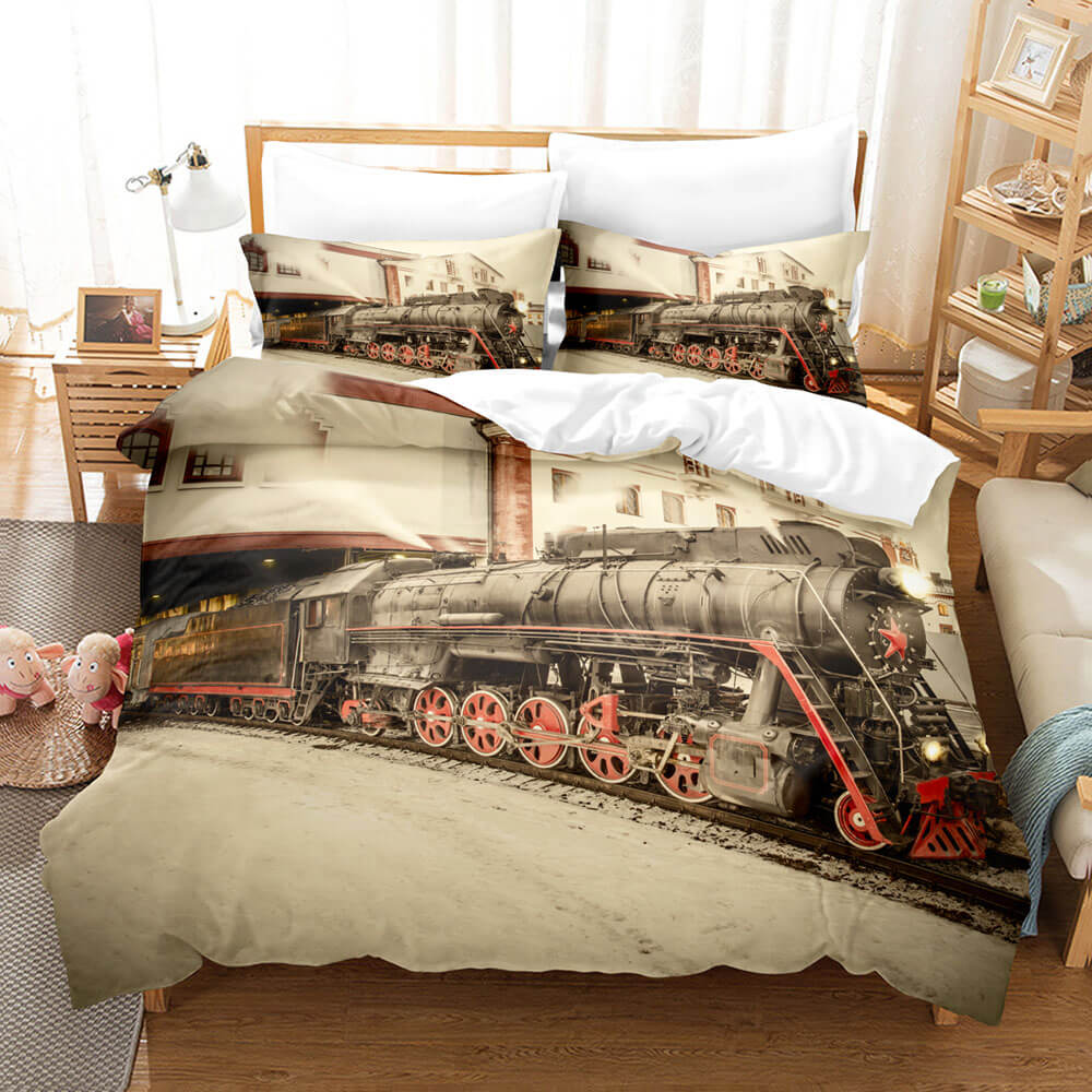 Steam Engine Train Vintage Locomotive Bedding Set Duvet Covers Pillowcases - EBuycos