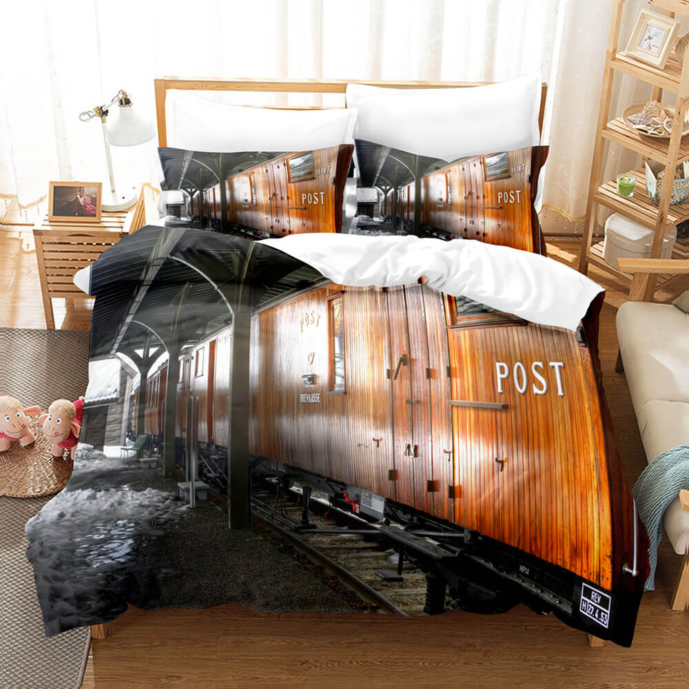 Steam Engine Train Vintage Locomotive Bedding Set Duvet Covers Pillowcases - EBuycos