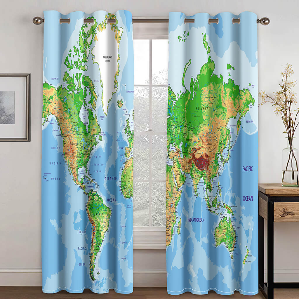 World Map Curtains Blackout Window Treatments Drapes for Room Decoration